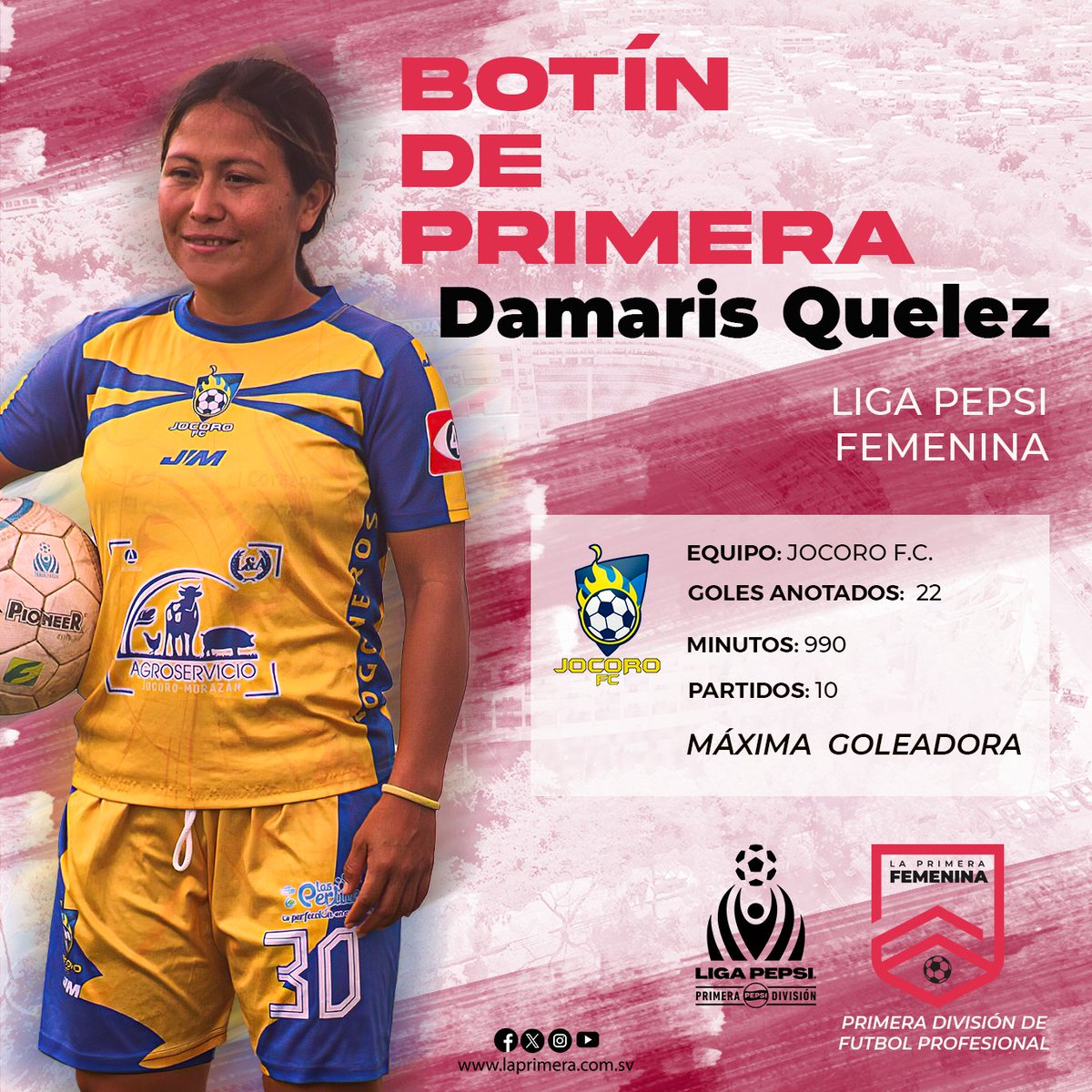 #MVPLigaFemenina⭐️ | ¡𝐋𝐀 𝐑𝐄𝐈𝐍𝐀 𝐃𝐄𝐋 𝐆𝐎𝐋! ⚽️👑 🎉👟 Damaris Quelez de @jocorofc_ se adjudica el #BotínDePrimera, anotando 22 goles durante la fase regular del torneo. #Clausura2024