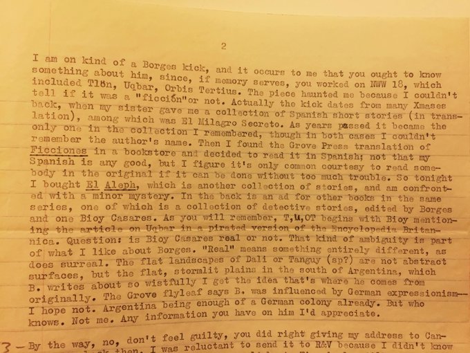 A rare Pynchon letter. Pynch was on a Borges kick in the early 60s. Many of Borges' short stories are alluded to in Gravity's Rainbow.