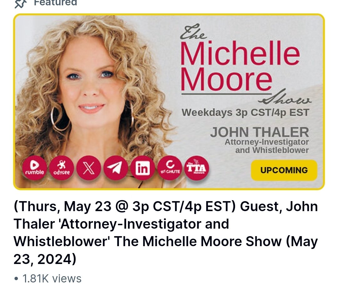 John Thaler, Attorney-Investigator and Whistleblower joins Michelle. Looking forward to another great show with @SheShedTruther 4:00pm EDT rumble.com/v4wylhe-guest-…