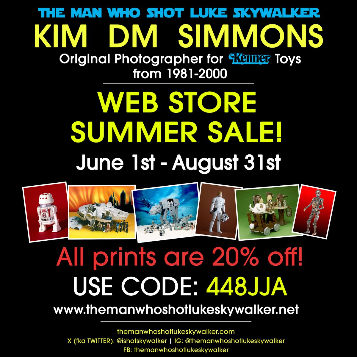 Hey everybody!
We are having a 2024 Summer Sale beginning on June 1st &amp; running through August 31st. All prints at my webstore are 20% off. 
Visit themanwhoshotlukeskywalker.net to view all available prints.
The discount code is 448JJA and will be active starting June 1st.
#StarWars