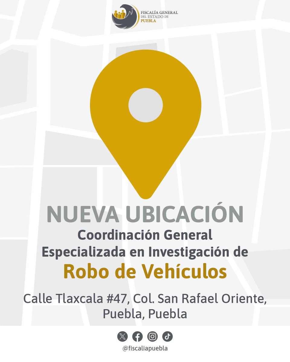 #ÉstaEsTuFiscalía | Conoce la nueva sede de la Coordinación General Especializada en Investigación de Robo de Vehículos: NUEVA UBICACIÓN 📍Calle Tlaxcala número 47, Colonia San Rafael Oriente, Puebla, Puebla. goo.su/UUs4Kq