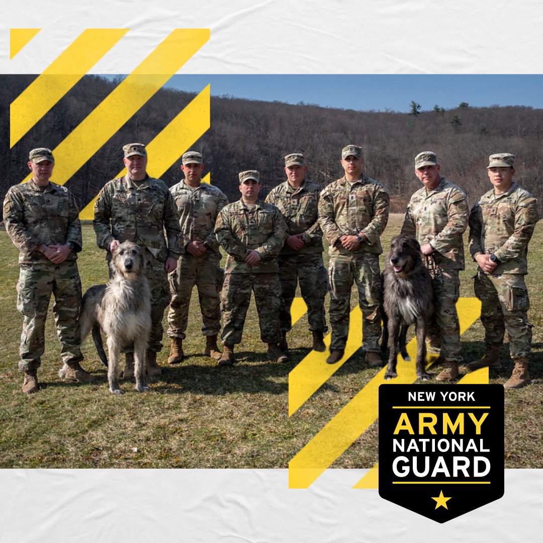 New York Army National Guard Soldiers assigned to 1st Battalion, 69th Infantry Regiment, pose for a photo with two Irish Wolfhounds, the official mascot of the regiment.

Like dogs?  Go Guard!

nationalguard.com/new-york
#GoGuard #GuardStrong #TroopThursday