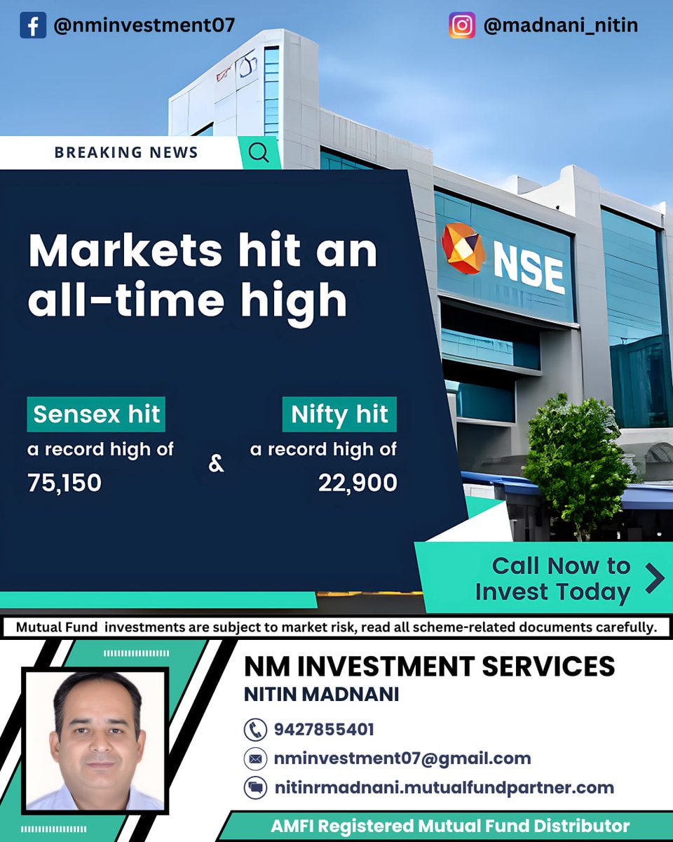 The stock market just hit an all-time high today! Don't miss out on this rally; call me now to invest and seize the moment! #marketalltimehigh #stockmarket #mfd #mutualfunddistributor #mutualfunds #investor #nse #bse