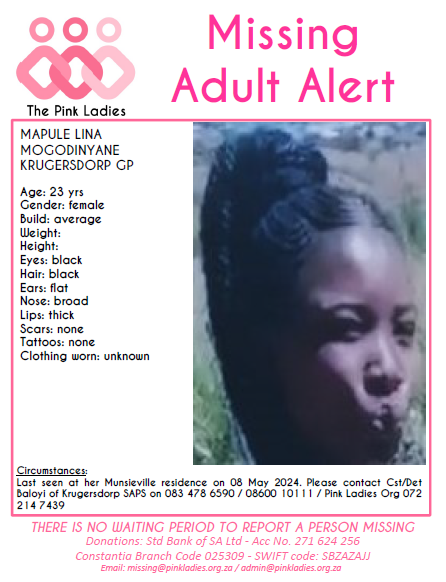 #MISSINGPinkLadies @ThePinkLadiesOr MISSING: Krugersdorp GP Mapule Lina Mogodinyane 23yrs 08 May 2024 NOTE: Admin will make any necessary announcements once confirmed by Saps and/or press releases. Pink Ladies Org #Missing