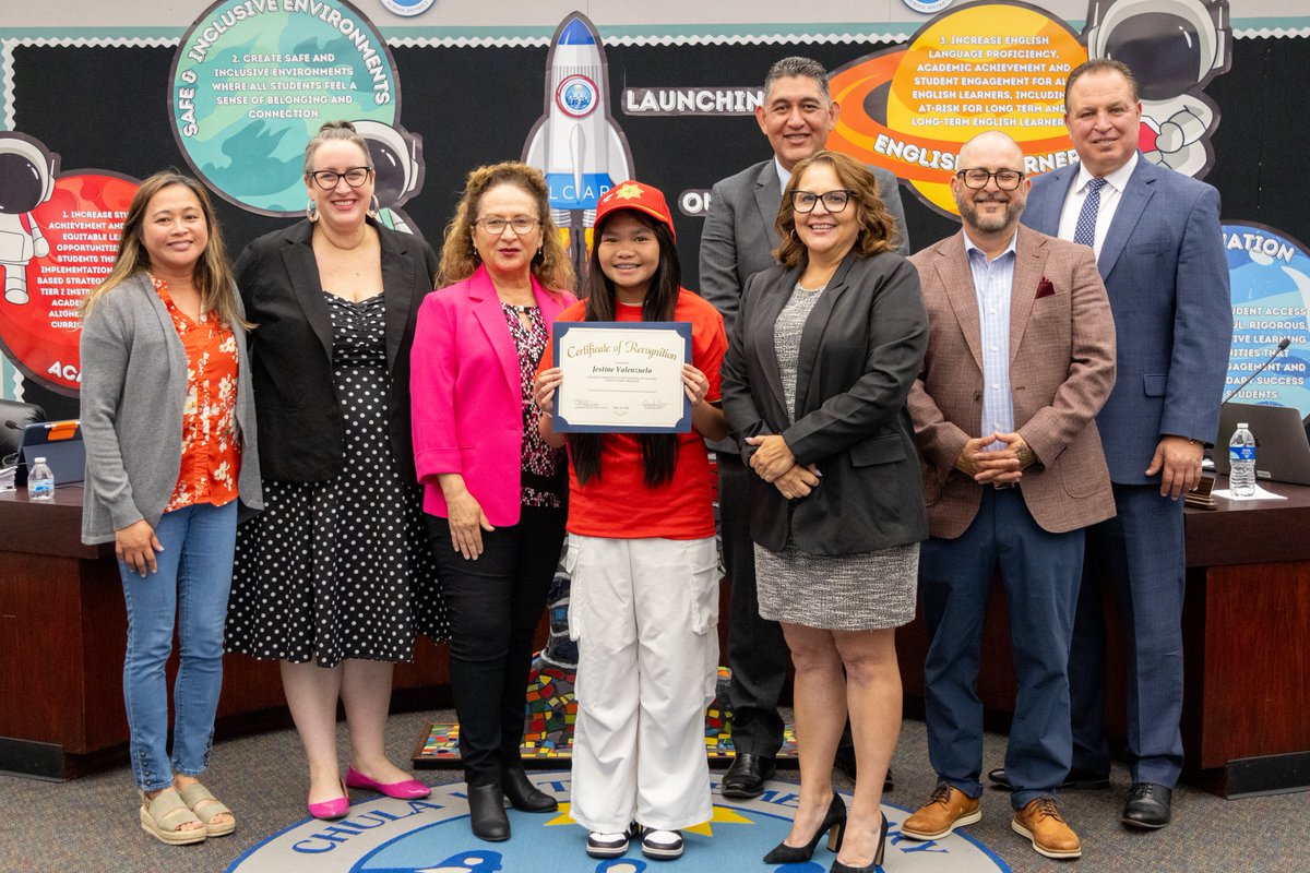 Congrats to Jestine Valenzuela from Sunnyside Elementary on her promotion to the top rank of Colonel in the Safety Patrol Program, recognized by the @CHP_San_Diego (CHP)! Last night's #CVESD Board of Education Meeting celebrated her leadership and commitment to peer safety.