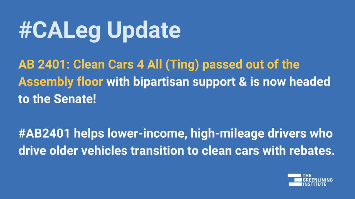 Greenlining's tweet photo. Yesterday, #AB2401 passed the #CALeg Assembly floor &amp; is now headed to the Senate! Thanks to bill author @AsmPhilTing as well as key bipartisan supporters, #CleanCars4All is closer to making clean transportation &amp; cleaner air a reality for all Californians. https://t.co/TGE4VCKvXN