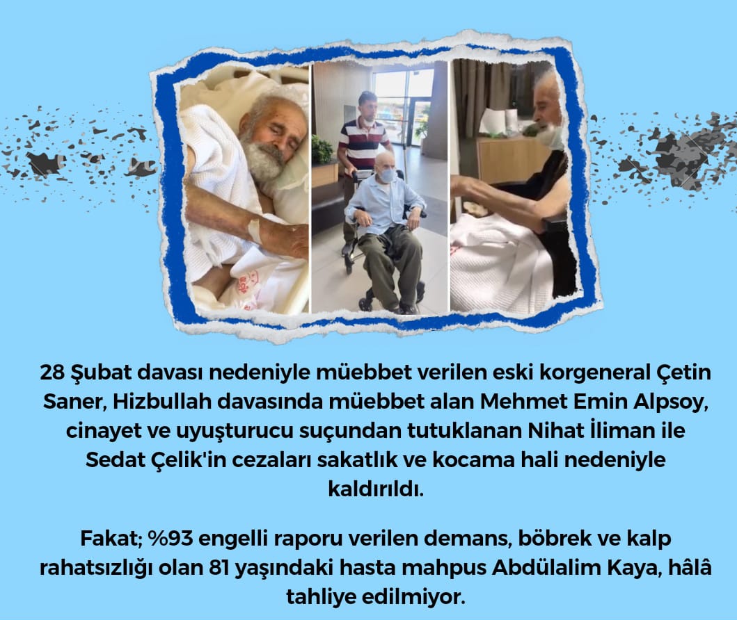 Emekli Orgeneral Kenan Deniz'in (75) cezası kocama hali nedeniyle kaldırıldı ve tahliye edildi. Fakat; %93 engelli raporu verilen demans, böbrek ve kalp rahatsızlığı olan 81 yaşındaki hasta mahpus Abdülalim Kaya, hâlâ tahliye edilmiyor #KHKlılarAdaletBekliyor #Amasya #deprem