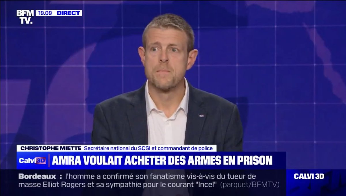 Christophe Miette, secrétaire national du SCSI-Cfdt dans l’émission #Calvi3D sur l’évasion de M. #Amra « Ce cas n’est pas un cas isolé, il y a des dizaines, des centaines d’Amra en France » « Nos prisons sont de véritables services après-vente du crime »