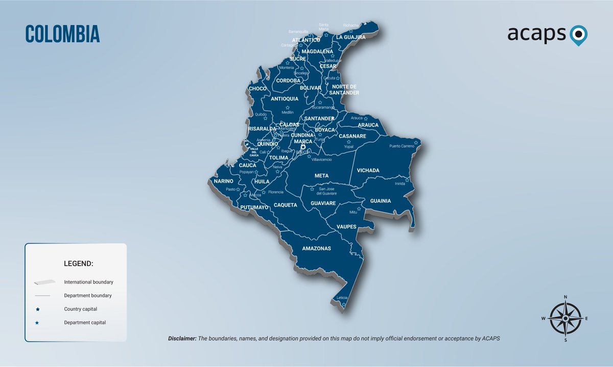 Crisis to watch: #Colombia 2023 recorded +58,000 people displaced & +100,000 people confined in the country, a 14%⤵️and 43%⤴️, respectively, compared to 2022. Clashes between non-state armed groups and insecurity were the primary causes behind both. 📑acaps.org/en/countries/c…