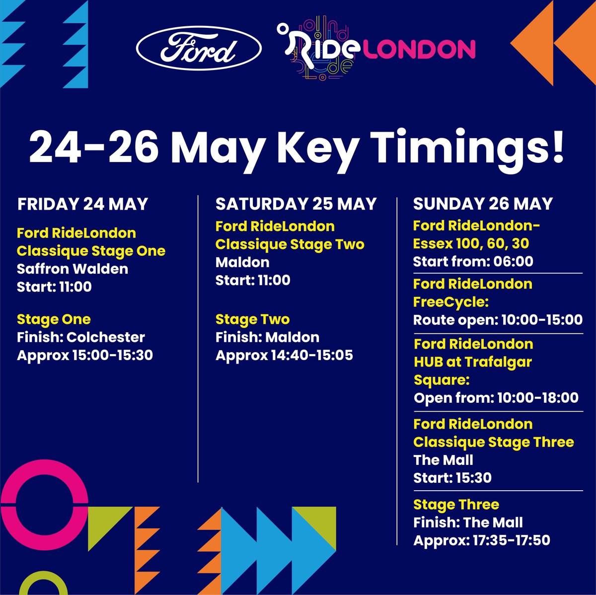 We are so ready for Ford RideLondon weekend! 😀 Whether you are a participant or a spectator, here are all the essential times you'll need to catch the action over the next few days 🚴‍ #RideLondon