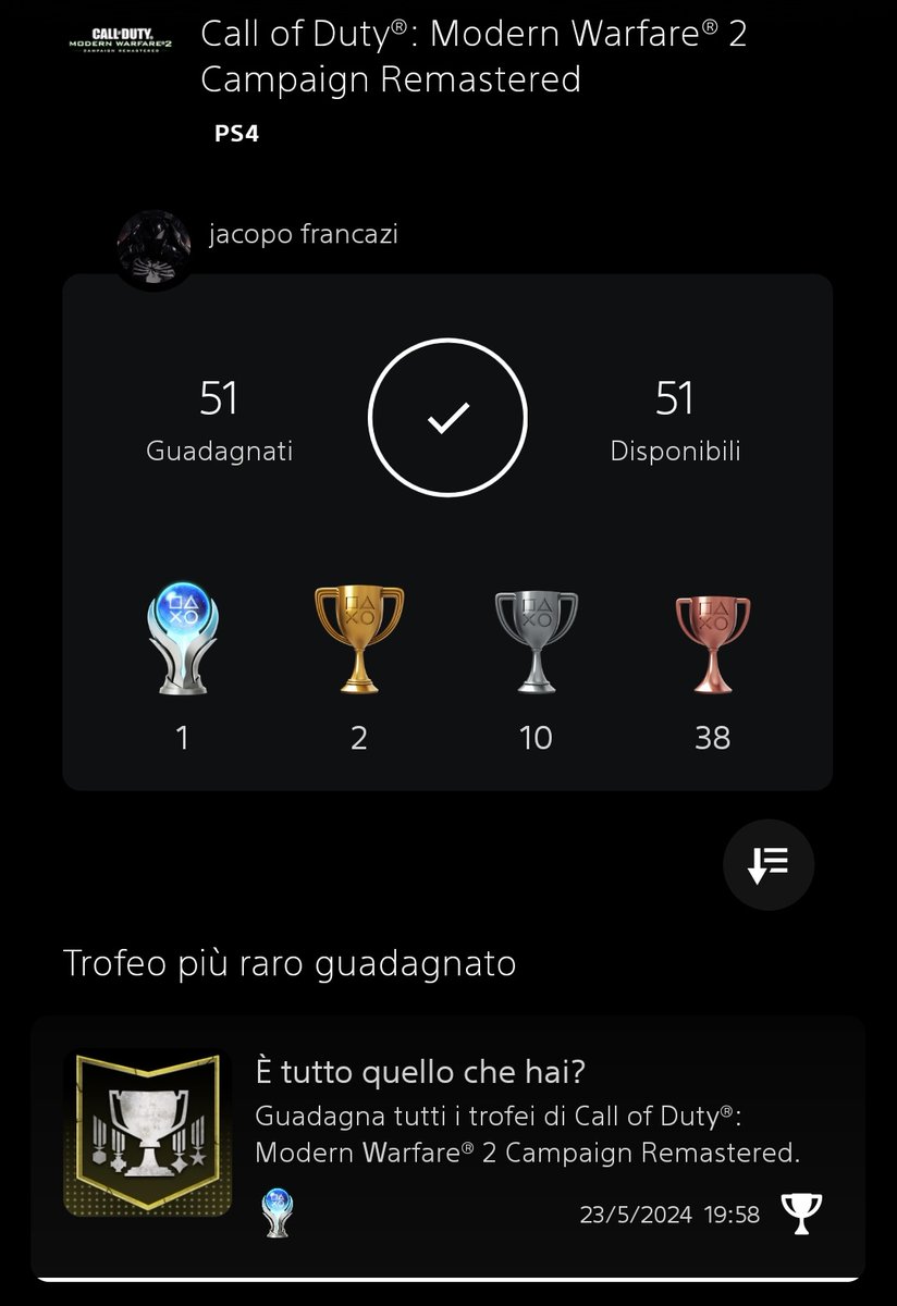 JFrancazi's tweet photo. #62 #CodModernWarfare2, mw 1 was the first platinum so it came naturally to me to get the second too (Activision when do we move on to the 3?🥲) I had already played it on PS3 yes but I wasn't at all interested in the trophies nor was I old enough to understand the whole story https://t.co/U6XG2Aeh1l