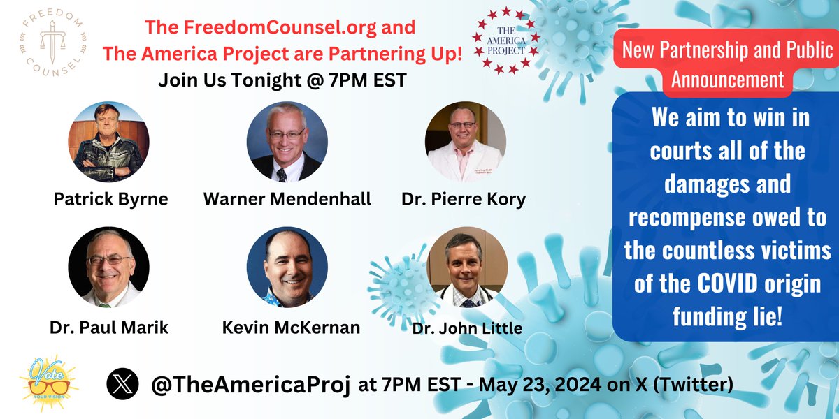 TheAmericaProj's tweet image. @TheAmericaProj &amp;amp; @FreedomCounsel are teaming up to seek justice for COVID-19 victims! Join us TONIGHT at 7 PM EST on @XSpaces Swith experts like @PatrickByrne, @PierreKory, Dr. Paul Marik, @Kevin_McKernan, and Dr. John Littell. #COVIDJustice #TruthMatters #TheAmericaProject