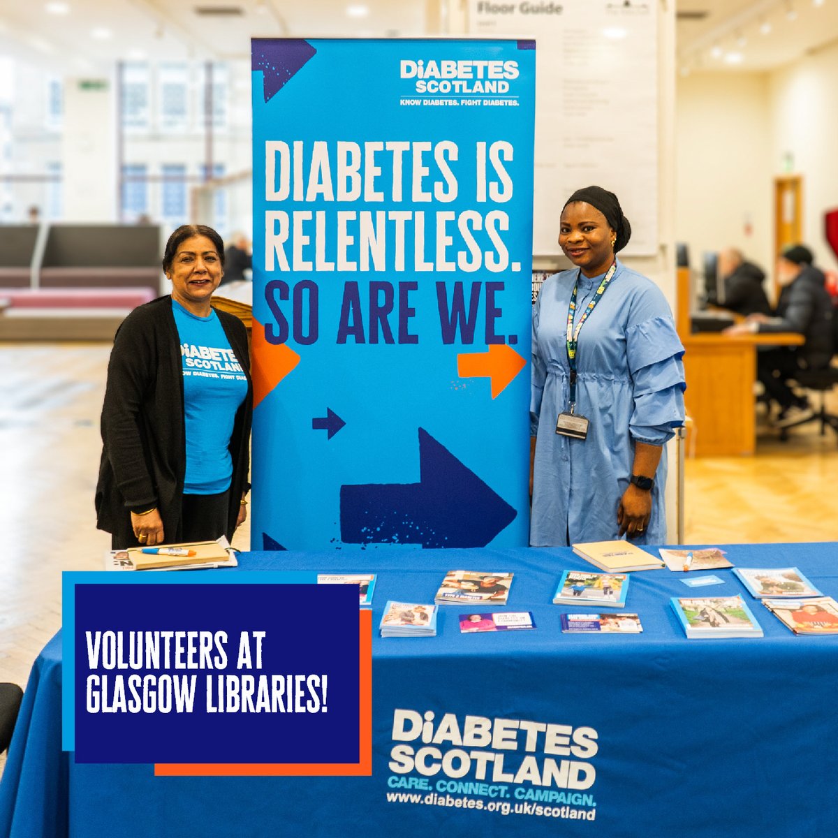 DiabetesScot's tweet photo. 💙 Thank you to all of our amazing volunteers (including Fatimoh and Shindo, pictured) who, this week, have provided their time to be at the Mitchell Library, Royston Library and Pollok Library for Diabetes Scotland during #Type2PreventionWeek! @GlasgowLib https://t.co/gIPgfi9yMY