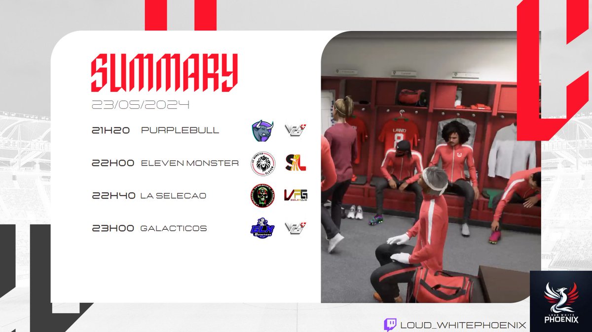 Rencontres de la soirée en <a href="/belgique_vpg/">VPG BELGIQUE 🇧🇪</a> <a href="/SwissVPG/">VPG Switzerland 🇨🇭</a> et @SantaBelgique 

Affiches du soir :

🆚 @PurpleBull_foot 
🆚 @eleven__monster
🆚 <a href="/LASELECAOXI/">LA SELECAO</a> 
🆚 @GalacticosByGLX 

Rencontres à suivre sur twitch.tv/loud_whitephoe…