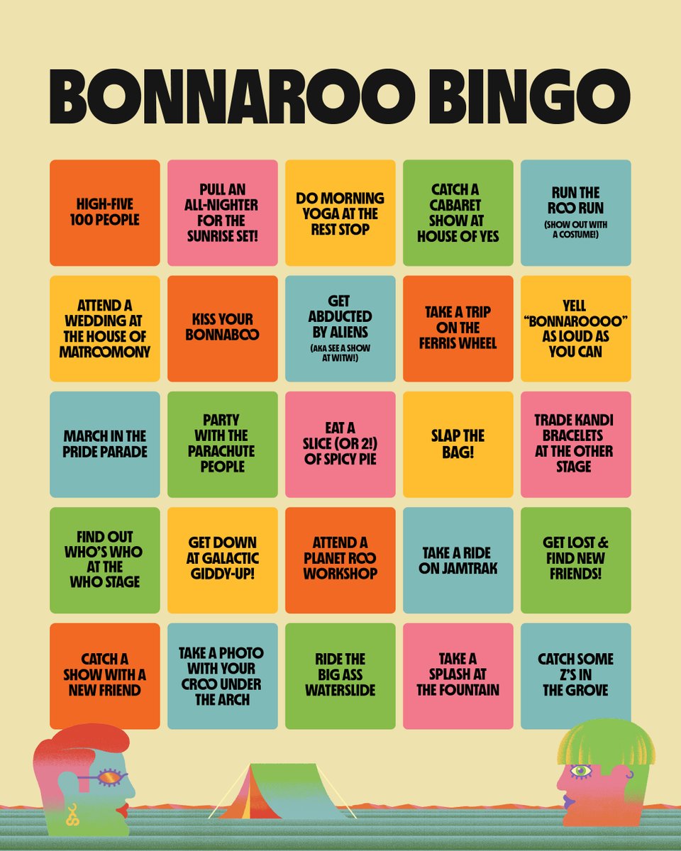 Bonnaroo's tweet photo. BONNAROO BINGO 🌈 fill up your card on the farm to experience what a ✨troo roo weekend✨ is like!

what rites of passage would you add for the bonna-rookies? https://t.co/MeZKCAkxFo