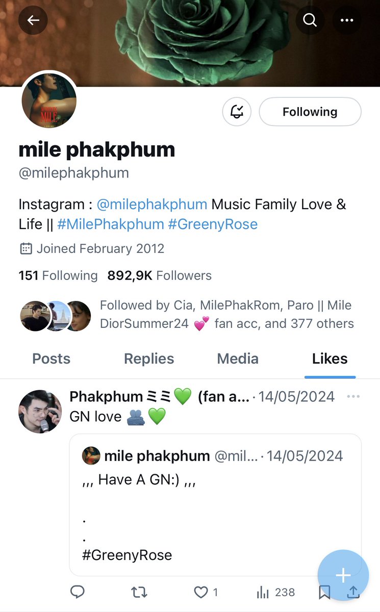 redroselgreen's tweet photo. Don’t know how you come across a post from 10 days ago w/o tag. It’s so random surprise 😂
You’re the first and only one liked it 🥹
You’re my precious one @milephakphum I love you, GN honey 🥰💚 https://t.co/Xrr068ZMLV