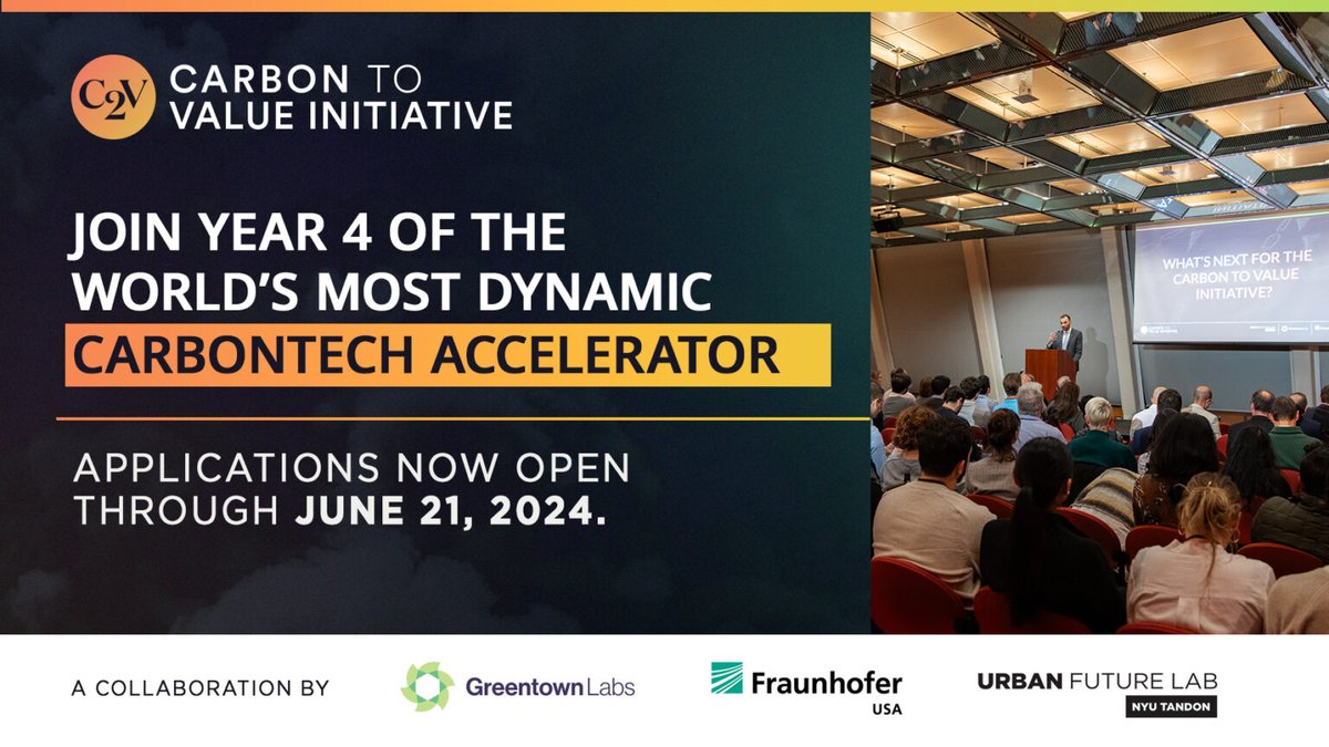 Calling all #carbontech startups! Applications for Year 4 of the #C2VInitiative are open—apply by July 21 for this accelerator to commercialize carbontech innovations with @UrbanFutureLab, @Fraunhofer_USA, + GreentownLabs: bit.ly/3Q3ST9E