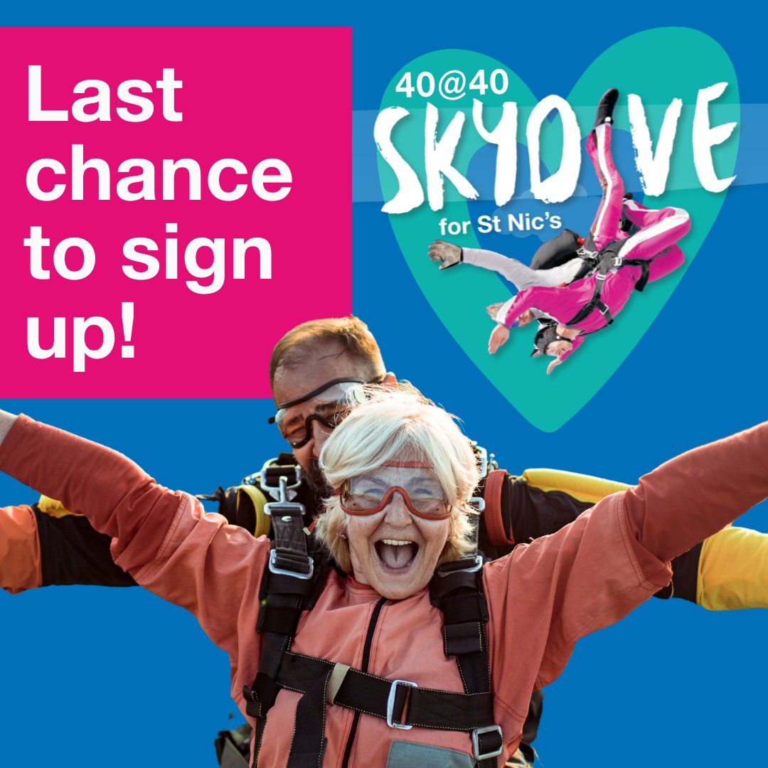 There are just two weeks left to sign up for this year's Skydive Day. Taking place on August 4, this year we are looking for 40 people willing to take a leap of a lifetime for us in our 40th year of St Nic's. Registration closes on 6 June. Find out more at stnicholashospice.org.uk/news-community…