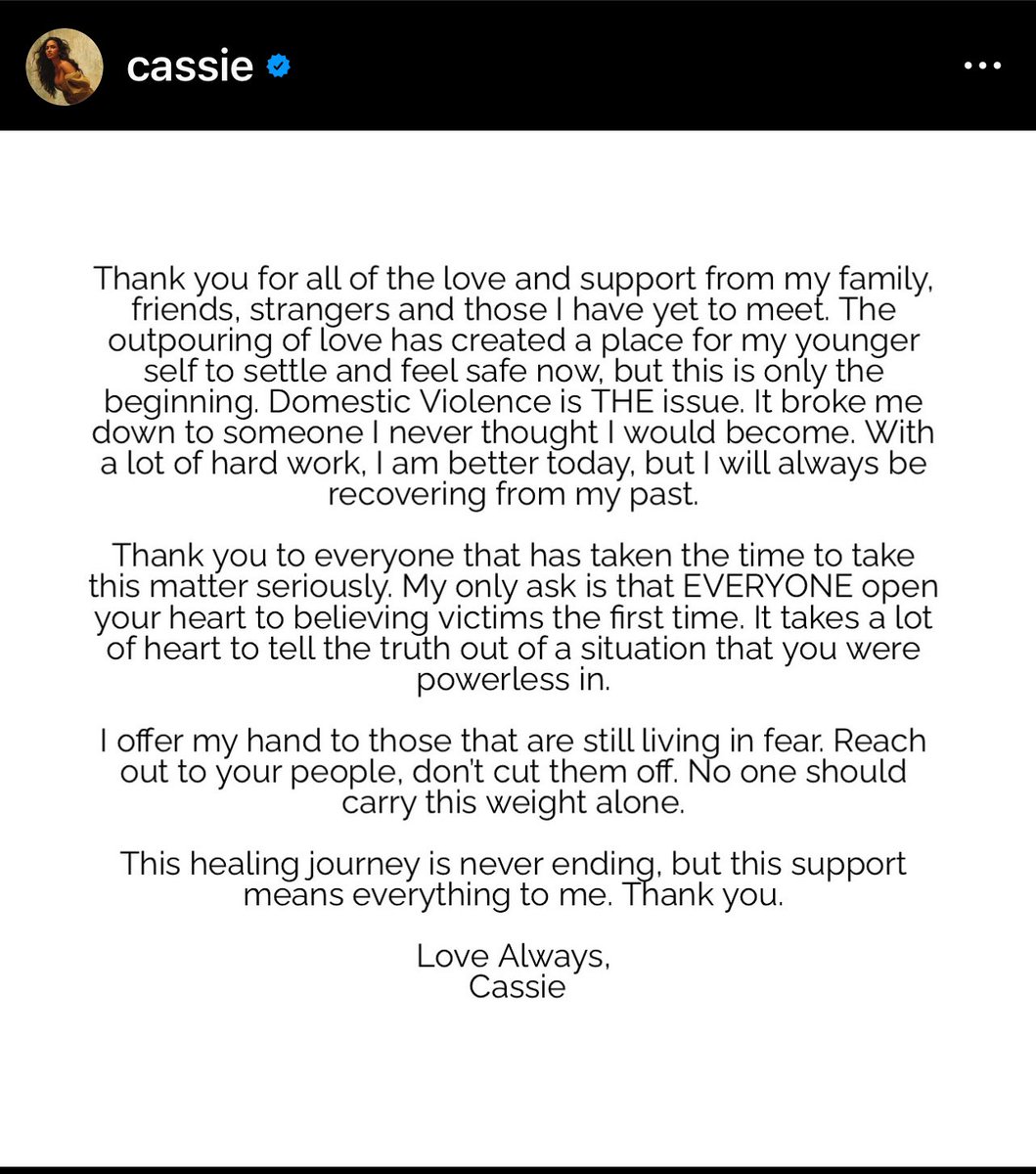 Cassie has spoken! It shouldn’t require a video for people to believe a victim. Time is up on protecting abusers! #TimesUp #StopAbuse #StopDomeaticAbuse #EndDomesticViolence #Survivor
#cassie #diddy