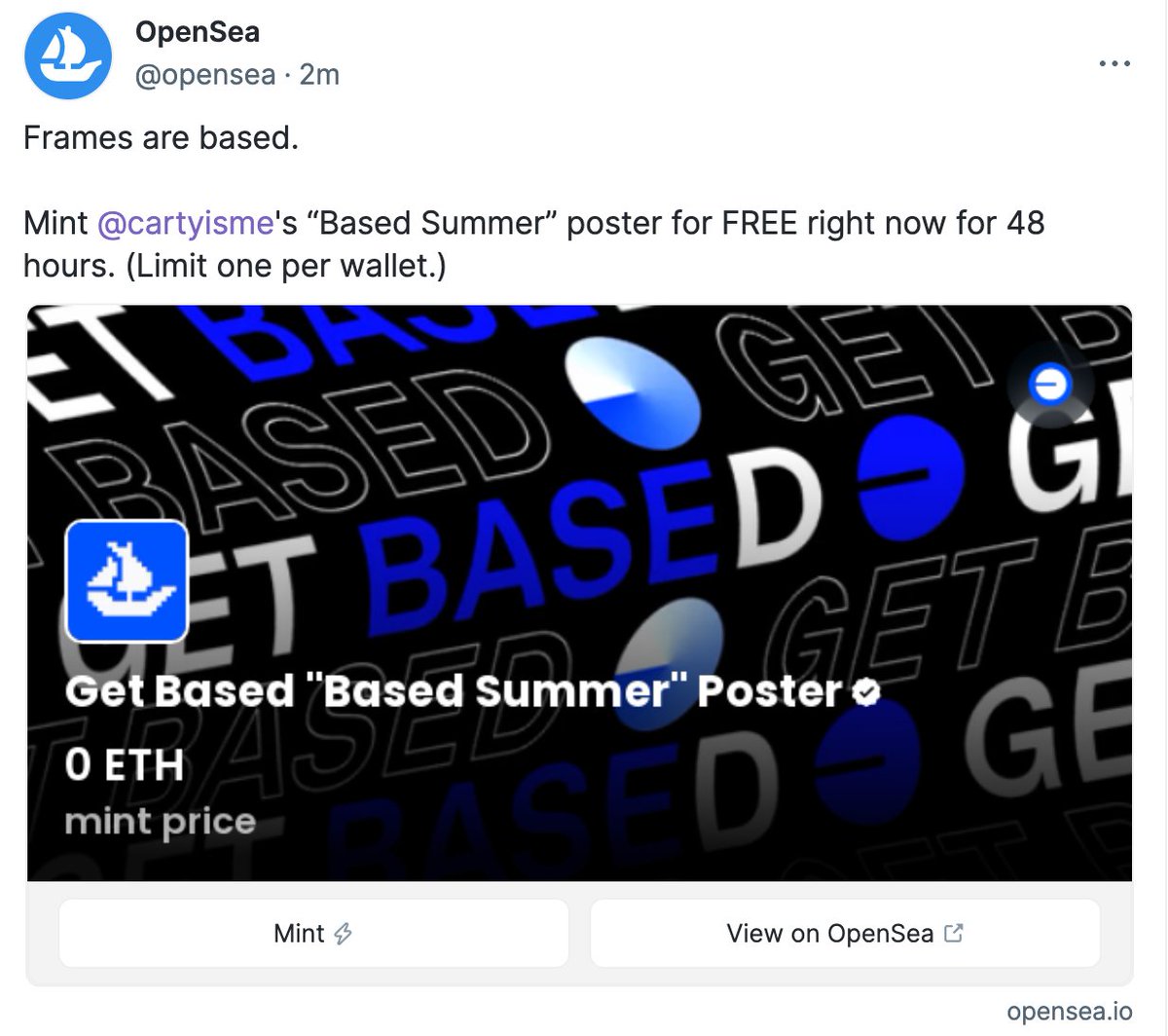 opensea's tweet photo. All upcoming "Get Based" drops will be available to mint via Frames on @farcaster_xyz! 

"Based Summer" by @cartyisme is FREE for 48 hours. Limit one per wallet. 

Go try it 👉 https://t.co/vbufolZESO https://t.co/tv4useRIWG
