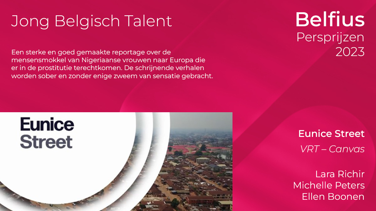 Winnaars Belfius #Persprijzen "Jong Belgisch Talent": Lara Richir, Michelle Peters en Ellen Boonen met "Eunice Street" (VRT – Canvas).

Proficiat <a href="/lararichir/">Lararichir</a>, <a href="/_michellepeters/">Michelle Peters</a>, Ellen Boonen en <a href="/VRT/">VRT</a> 👏