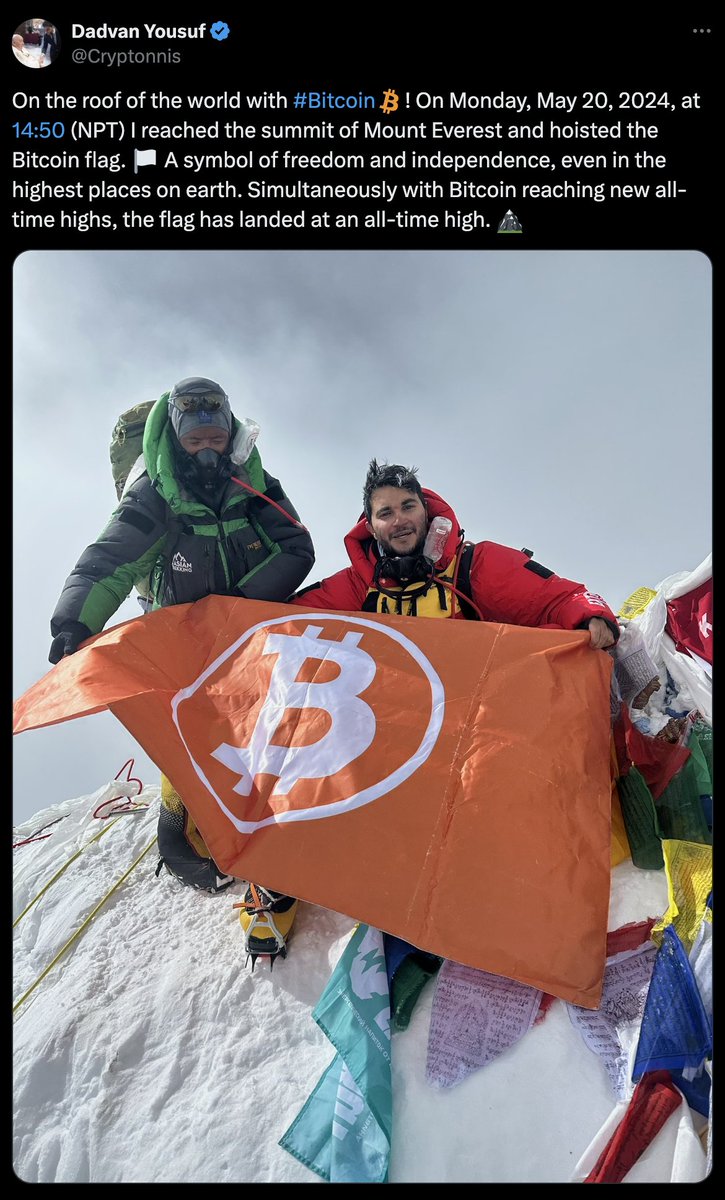 [𝕏] @Cryptonnis announced that he reached the summit of the world's highest mountain, Mount Everest, where he proceeded to hoist the #Bitcoin flag