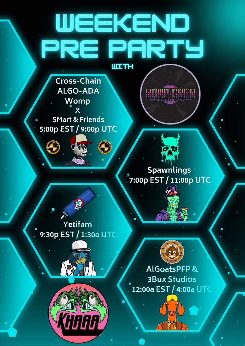 🪩 Weekend Pre Party 🪩

Kicking things off #crosschain with <a href="/VryImprtntDummy/">Very Important Dummies</a> &amp; friends from multiple chains!

Party goes all night with <a href="/SpawnlingsNFT/">𝕊𝕡𝕒𝕨𝕟𝕝𝕚𝕟𝕘𝕤.𝕒𝕝𝕘𝕠😈</a>, <a href="/AlgoYeti/">AlgoYeti.algo</a>, <a href="/AlGoatsPFP/">AlGoats.algo</a>, &amp; <a href="/3buxStudios/">3BUXStudios.algo</a>!

#Algorand #Cardano #eCash #Solana #CronosChain #ICP #BNB #CrossChain #WompCrew