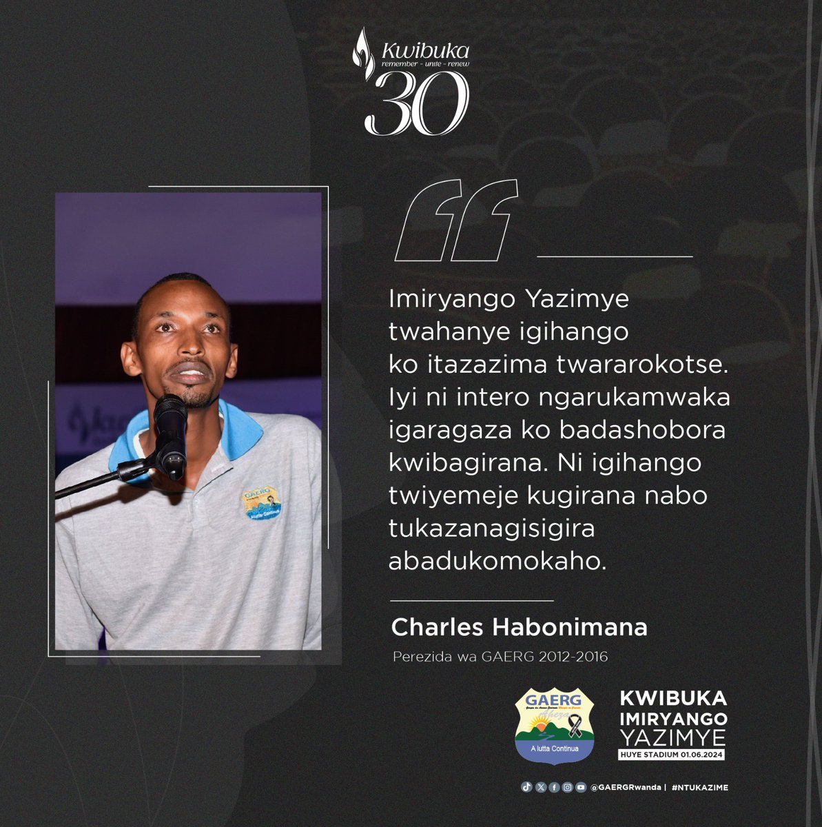 “Imiryango Yazimye twahanye igihango
ko itazazima twararokotse. Iyi ni intero
ngarukamwaka igaragaza ko
badashobora kwibagirana.
Ni igihango twiyemeje kugirana nabo
tukazanagisigira abadukomokaho.” <a href="/habonima/">Charles Habonimana CH</a> Perezida wa @GAERGRwanda(2012_2016)

#Kwibuka30
#Ntukazime