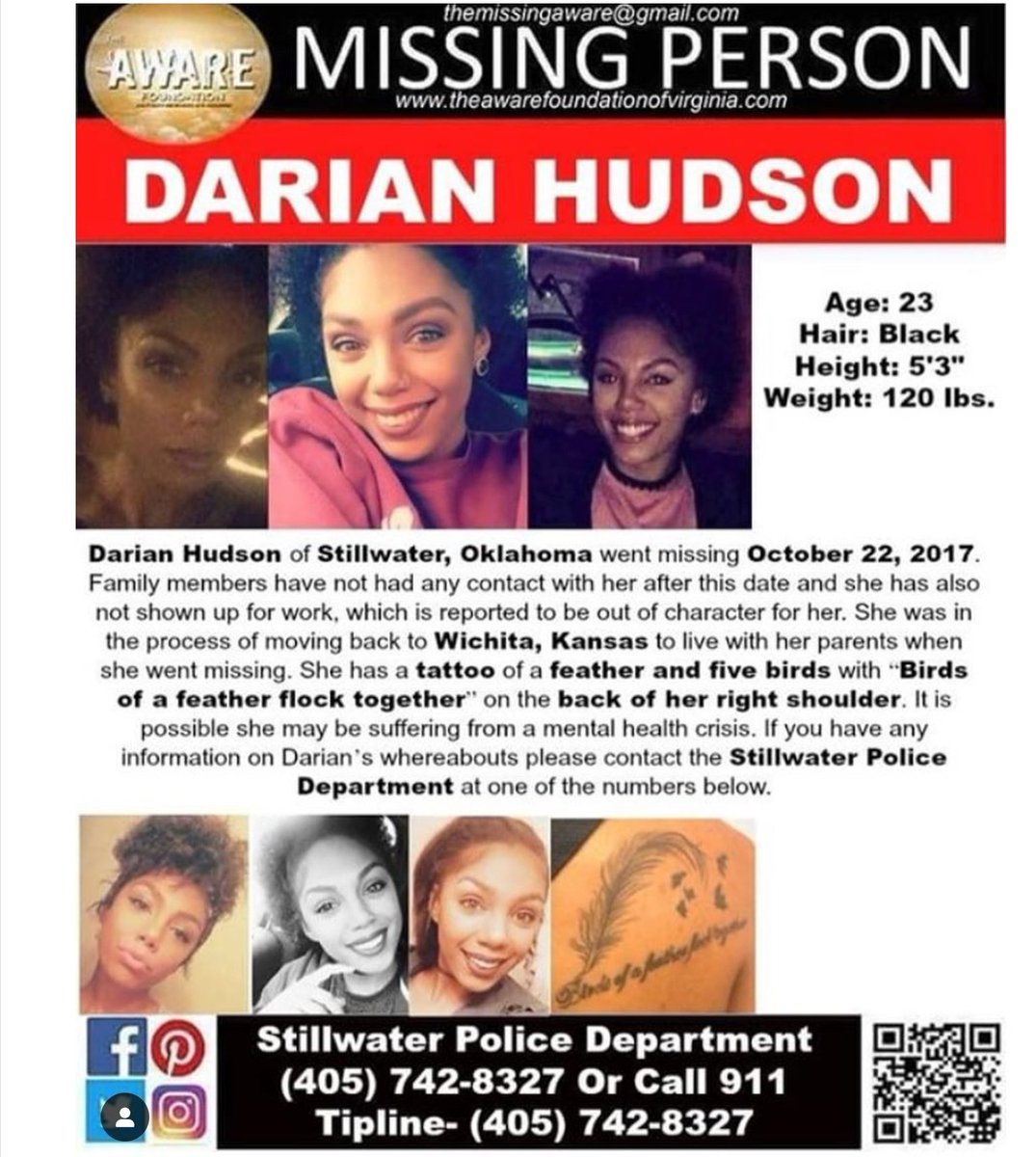 #DarianHudson #missing since 10/22/17 from #Stillwater #Oklahoma. She would be about 30 now, she has light complexion, is 5'3, 120lbs, has Medium Length Black Hair and Brown Eyes. Please call Stillwater PD 405-742-8327 or 911 #HelpFind #Missing #NotForgotten #FindHer