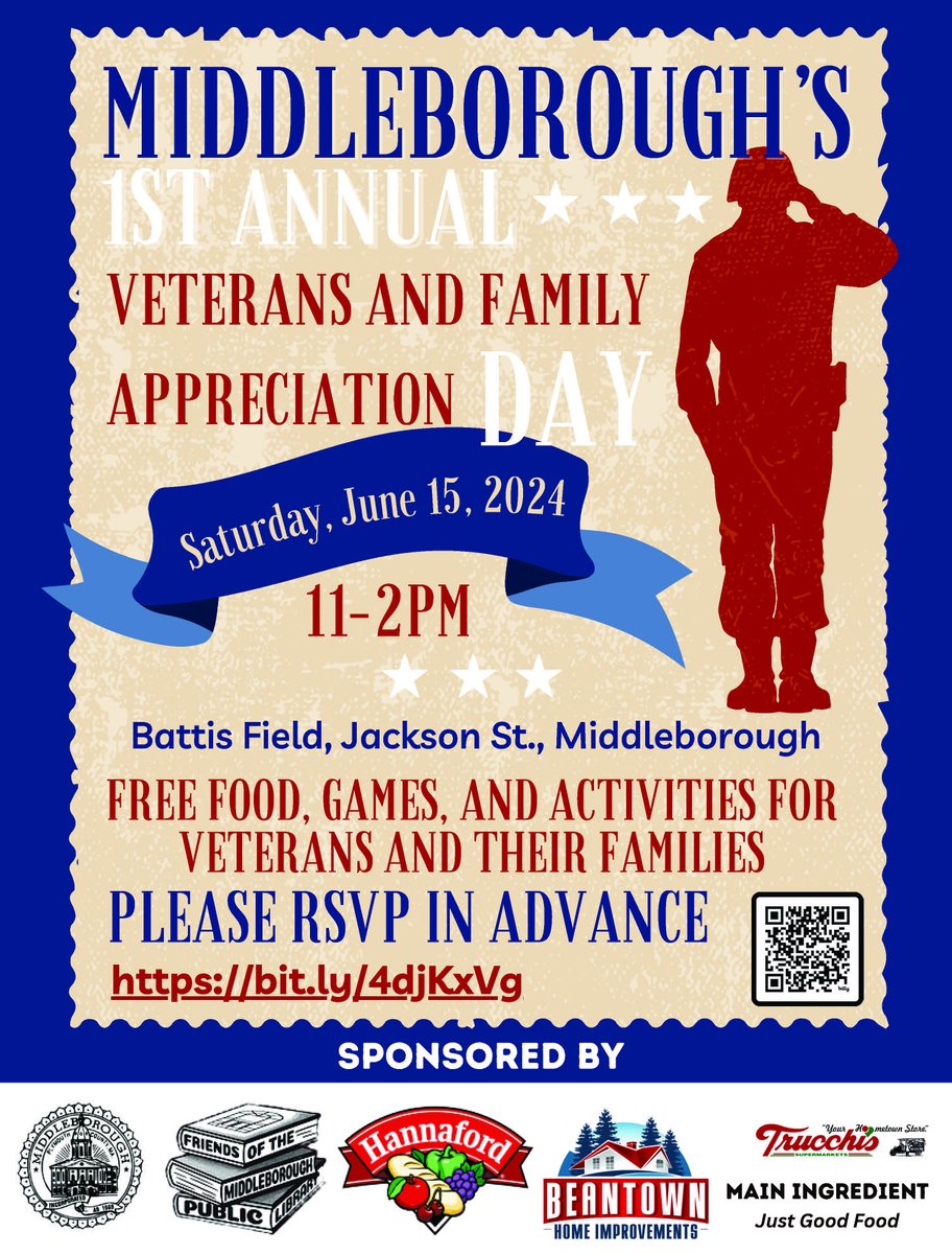 Middleborough's 1st Annual Veterans and Family Appreciation Day will be held on Saturday, June 15, 2024, from 11 a.m. to 2 p.m. at Battis Field. Free food and activities will be provided. Learn more here: calendar.midlib.org/event/middlebo…