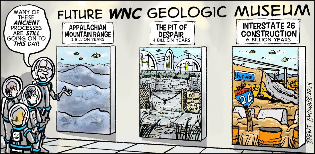 This week’s local #comic #cartoon is out in print today #MountainXpress #I26 #pitofdespair #asheville #geology #appalachianmountains #construction #68haywood #taggingthingsontwitterfornoreason