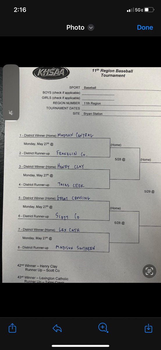 HIGH SCHOOL BASEBALL 11TH REGION TOURNAMENT First round Monday Franklin County at Madison Central Madison Southern at Lexington Catholic Scott County at Great Crossing Tates Creek at Henry Clay Semis (Tuesday) and finals (Wednesday) at Bryan Station