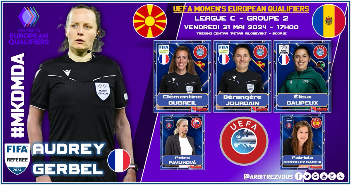 ArbitrezVous's tweet photo. 🌍| #UEFA - 🏆 #UefaWomensEuropeanQualifiers #UWEQ
#⃣| #MKDMDA
⚽️| MACÉDOINE 🇲🇰 🆚 MOLDAVIE 🇲🇩
🗓️| 31/05/2024
🕖| 17h00 CET
🏟️| Trening centar “Petar Miloševski” - SKOPJE
@ArbitresSAFE @FFF @UEFAcom_fr @lequipe @UEFA @coeursdefoot @foo_teuses @LESFEMININES https://t.co/ozQJtwoIrZ