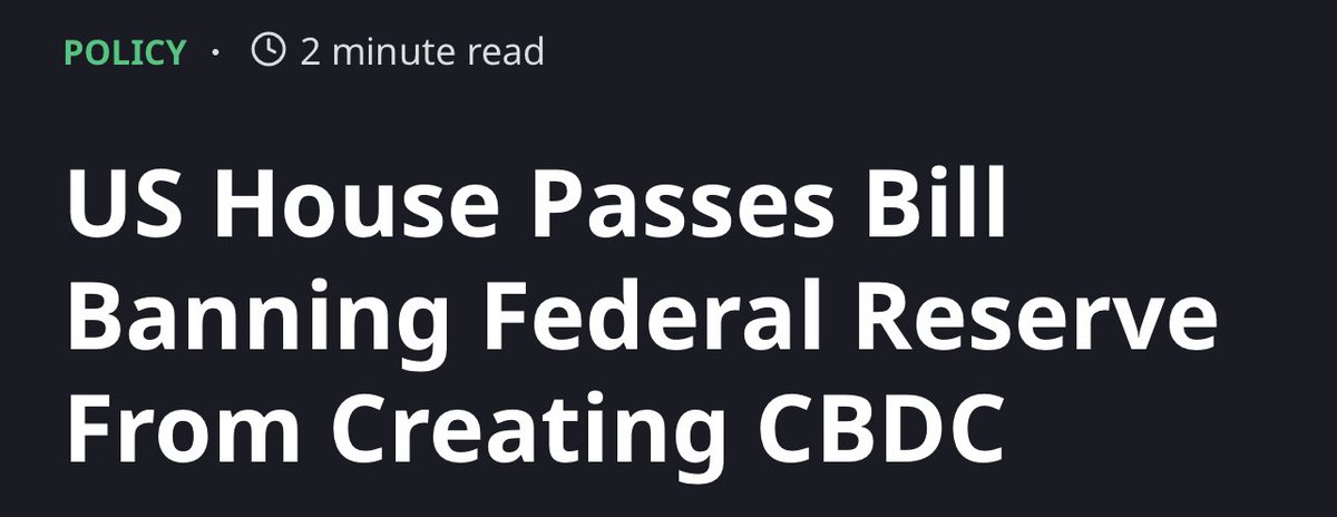 AbsGEC's tweet photo. 🚨 JUST IN: 🇺🇸 US House passes bill to ban the Federal Reserve from creating a Central Bank Digital Currency (CBDC) !! 

The bill aims to preemptively block any pilot programs for Central Bank Digital Currencies (CBDCs) before they're even proposed. It takes a strong stance by forbidding the use of CBDCs to shape monetary policy and bars the Federal Reserve Board or the Department of Treasury from issuing a CBDC without the green light from Congress. 🇺🇸💯

Furthermore, if the bill passes, it would ensure that the Fed cannot roll out a retail digital currency that could potentially be used to monitor citizens. 🤯

A Massive Win For Freedom In The USA 🇺🇸!! 

Comment Below & Follow For More!!👇👇
#CBDC #USA #CryptoRegulation