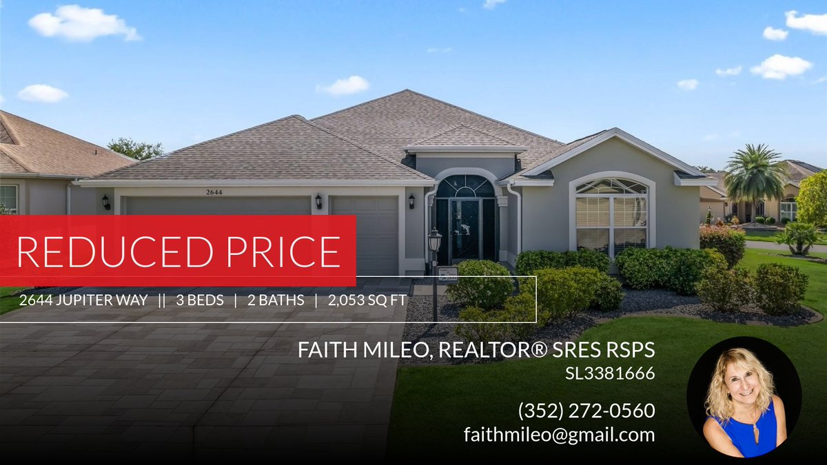 mrsmilezero's tweet photo. 📍 Reduced Price 📍 This recently reduced home at 2644 Jupiter Way in The Villages won't last long, so, don't wait to set up a showing! Reach out here or at (352) 272-0560 for more information!

Faith Mileo
Realtor®
SRES, RSPS
3... https://t.co/22UqucgaiG https://t.co/QIgZoymeWJ