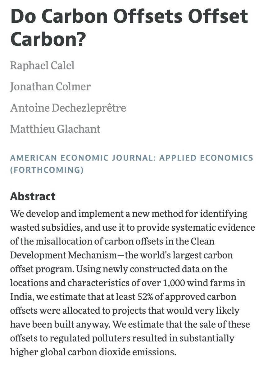 Happy to see a paper on this. To development economists at least, it is very obvious that allocating funds to people for *saying* they are going to do green things, with very little accountability, is going to underperform. 1/2 aeaweb.org/articles?id=10…