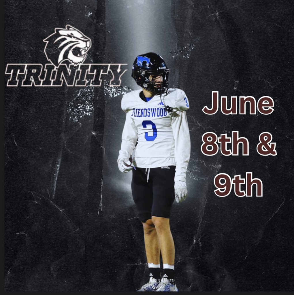 Excited to attend the Trinity camp this summer. Thank you <a href="/CoachQ_Carter/">Quentin Carter</a> for the official invite. 🐅🐅🐅  
<a href="/_CoachJJohnson/">Jordan M. Johnson</a>  <a href="/FwoodFootball/">Friendswood Football</a> <a href="/CoachBlank65/">Bobby Blankenship</a> <a href="/TugboatTaylor15/">Joseph Taylor</a>