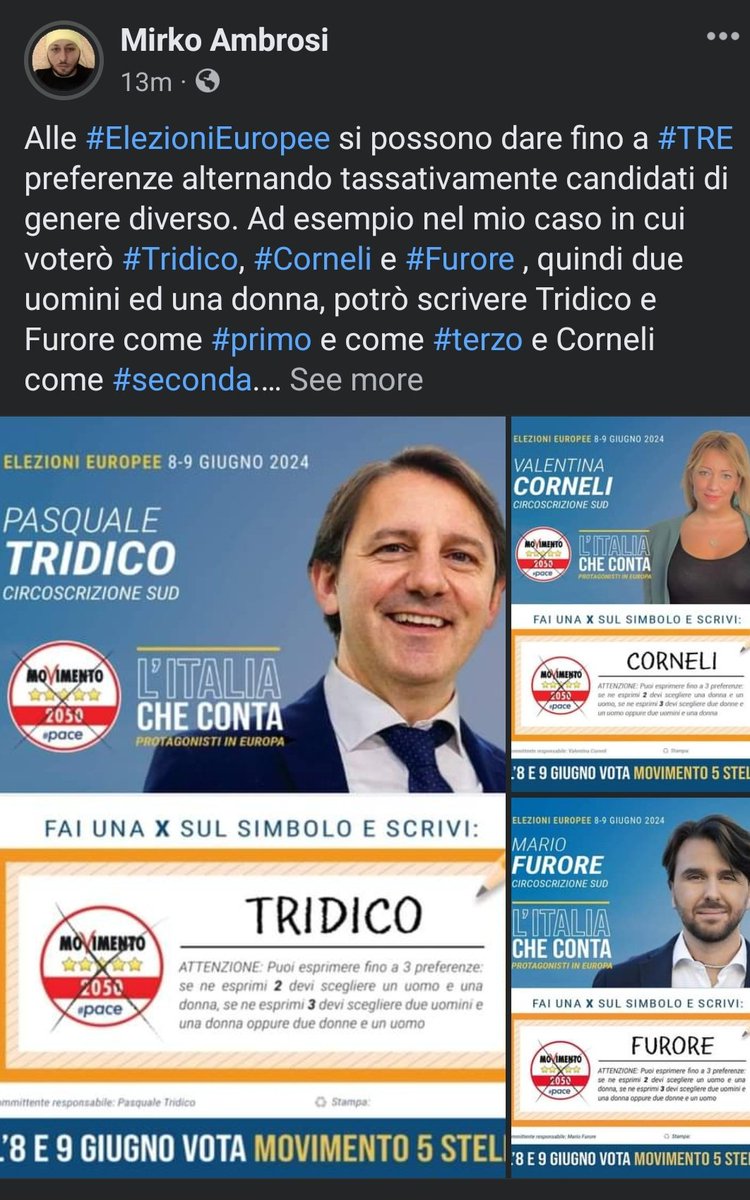 ambrosimirko44's tweet photo. Alle #Europee si possono dare fino a #tre preferenze. Io che voto nel collegio #sud darò le mie preferenze a #Tridico , #Corneli e #Furore. Del #MoVimento5Stelle ovviamente.
#Europee2024 https://t.co/LuaqJO2E4B