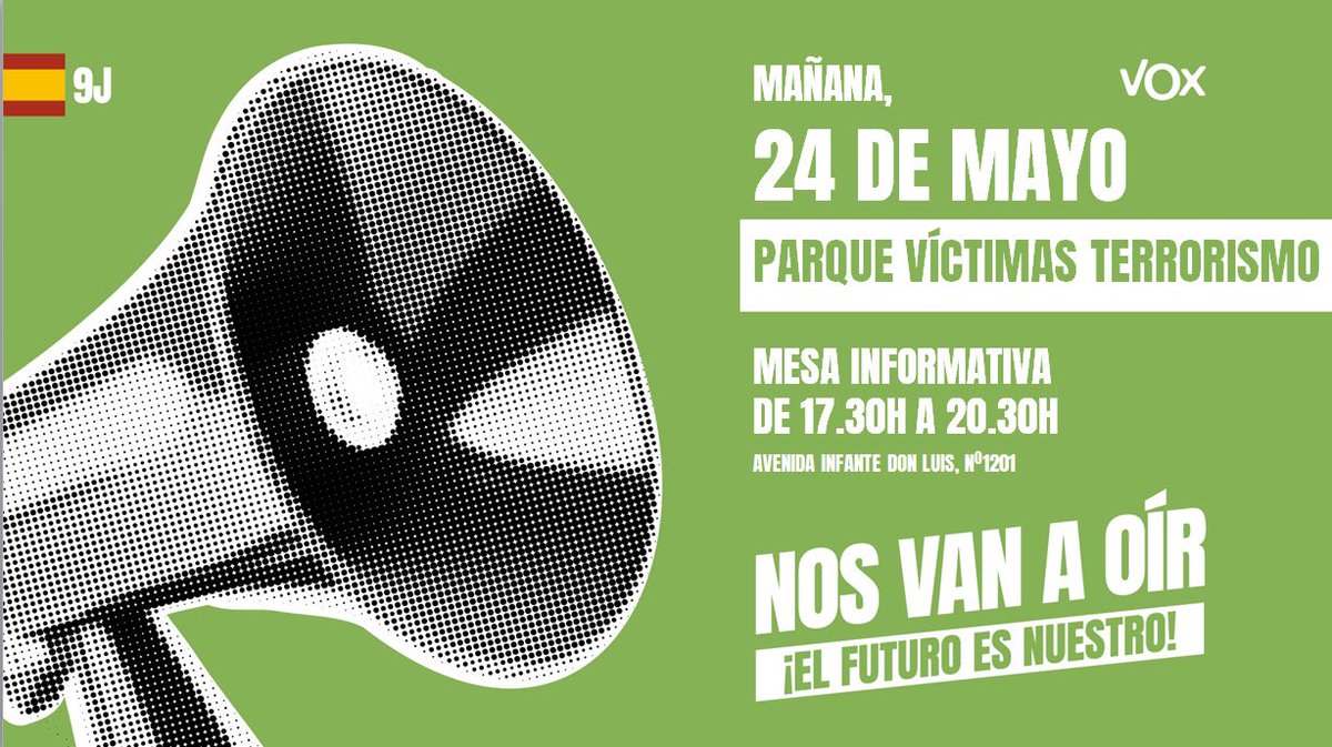 📅 Está noche empieza la campaña electoral y mañana 24 de mayo vamos a estar en el Parque de las Víctimas del Terrorismo.

¡¡Nos jugamos mucho en Europa y el #9J nos van a oír!!

¡¡Contamos contigo!!

#NosVanAOir #SoloQuedaVox #MesaInformativa #Boadilla #BoadilladelMonte🌳