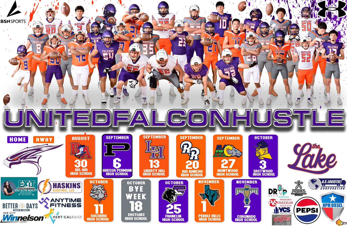 Today is 💥THE DAY💥 @EHSFalconFB 🟣 vs. 🟠 @SocorroISD SAC @ 7pm!! Join us post-game to meet/take 📸 with @Eastlake_HS 🏈 athletes & 📣@Eastlake_Cheer!! 3️⃣0️⃣0️⃣ fans will receive 🚨FREE🚨 autographed season calendar & cheer poster!!! Can’t wait to see you!! @RRodriguezJr2 #UFH