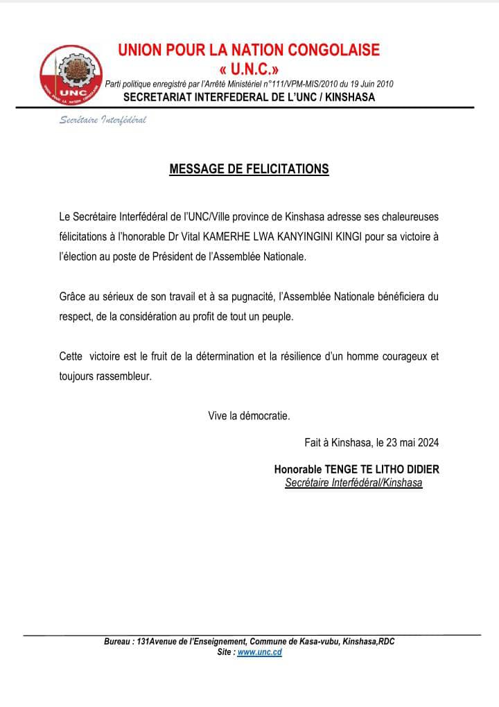 "On Ne Lâche Rien!"
<a href="/VitalKamerhe1/">Vital Kamerhe</a> <a href="/BillyKambale1/">Billy Kambale</a> <a href="/HamidaKamerhe/">HAMIDA CHATUR KAMERHE</a> <a href="/uncrdc/">UNC_RDC Officiel</a>