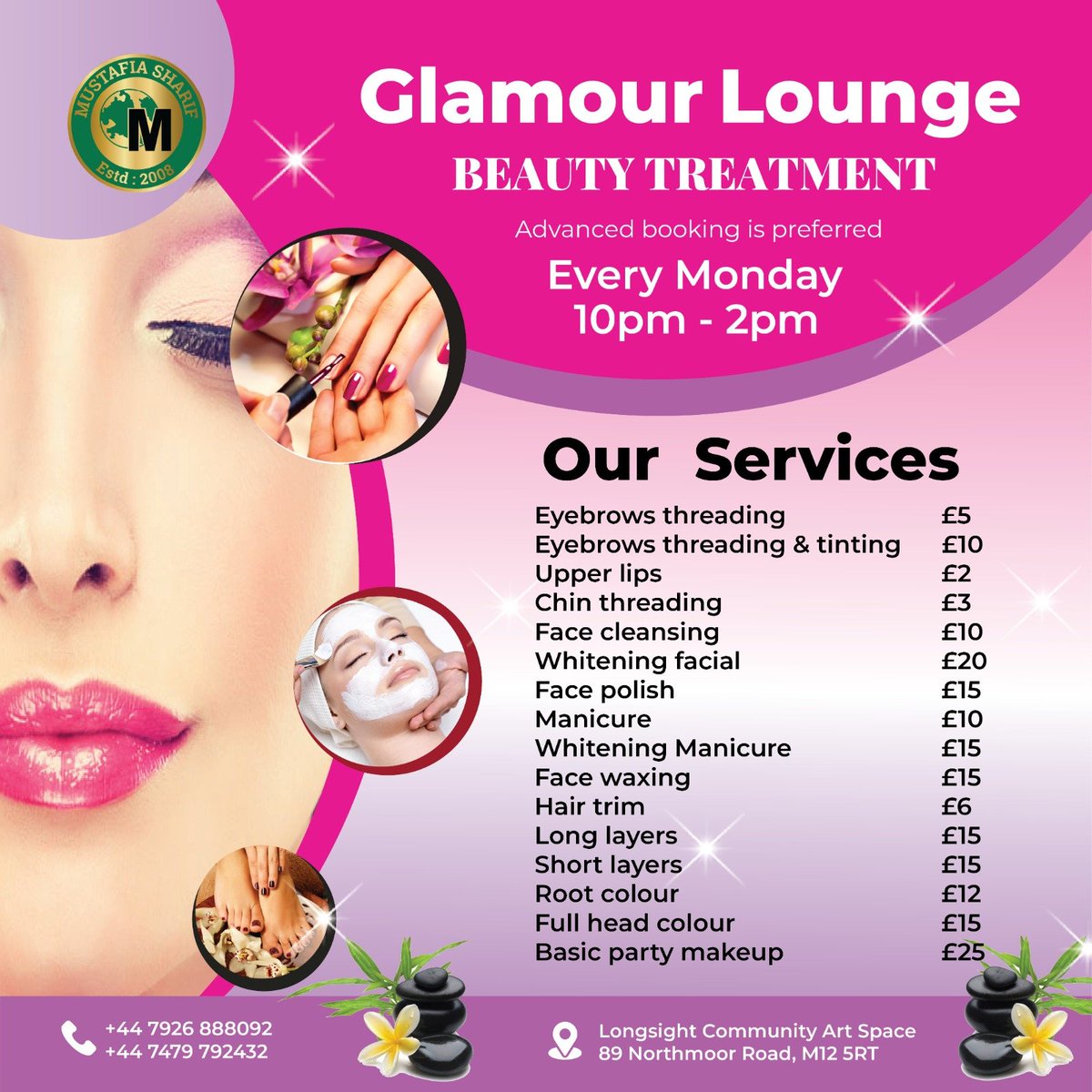 Pamper like royalty every Monday at Longsight Community Art Space! Glamour Lounge offers top beauty services: eyebrow enhancements, manicures & more! Book ahead to treat yourself like the best! #PamperMonday #BeautyTreatment #ManchesterBeauty #SelfCare #GlowUp