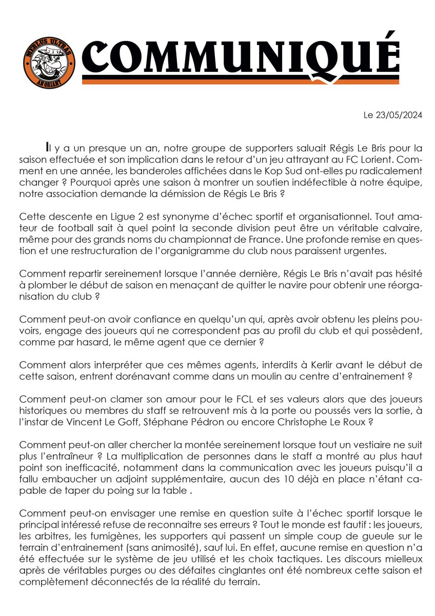 KopSudFCL1926's tweet photo. [COMMUNIQUÉ - 23/05/2024]

R. Le Bris : DÉMISSION ! https://t.co/XbYIM2xggf