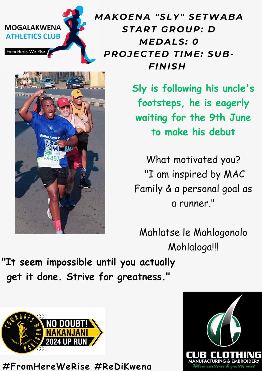 mogalakwenaac's tweet photo. 2/27 Hailing from Setupulane Village under Mogalakwena Local Municipality, we introduce Makoena Setwaba; who will be lining up for his maiden @ComradesRace
Goodluck Mohlaloga
Lerato ke leo ๐๐ค๐
#FromHereWeRise #IPaintedMyRun #ReDiKwena #cubtrading #Comrades2024 https://t.co/IFQIfyGhtd