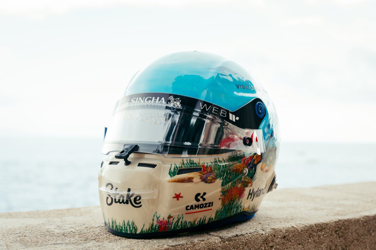 Ocean themed helmet for Monaco 2024 to help the underwater world of the Mediterranean Sea right by Monaco 🌊 Supporting @Bluemarinef & Prince Albert II of Monaco Foundation for their work towards ocean conservation. Race worn helmet will be signed by myself and Prince Albert