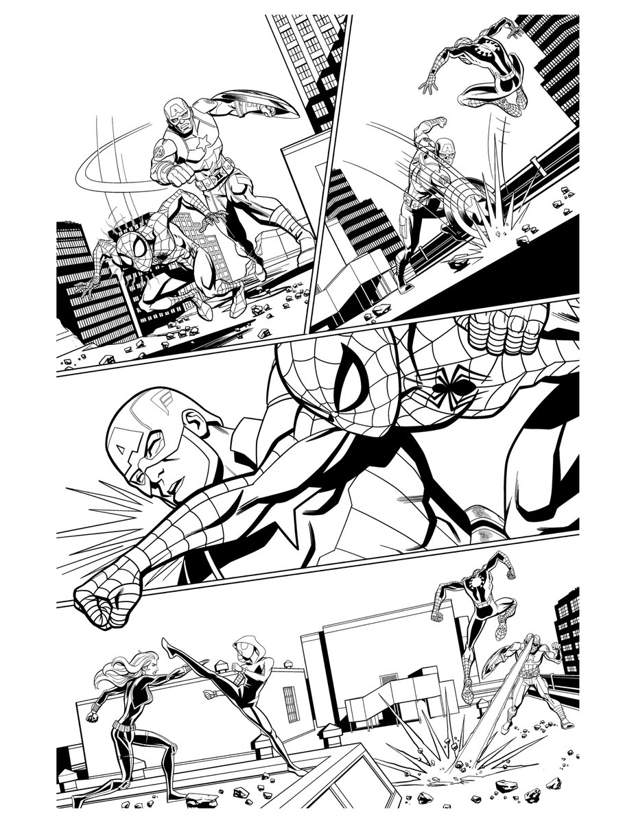 ChrisJonesArt's tweet photo. #MarvelAdventures #Spiderman #4, page 12. Digital line art. Peter, Miles and Gwen vs. #CaptainAmerica and #BlackWidow robots! https://t.co/vAnvZVbI65