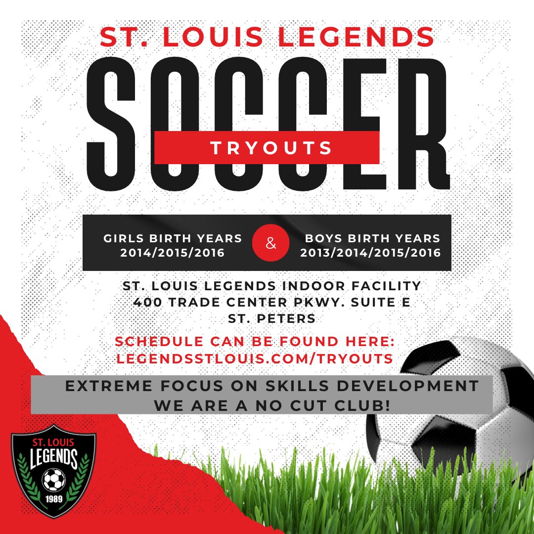 LegendsStl's tweet photo. ‼️TRYOUTS ARE COMING‼️

#soccer#youthsoccer #stl #stlouis #clubsoccer #slysa #legends #stllegends #legendsstl #stcharlesmo #stpetersmo #workhardplayhard #raisinglegends #soccermom #soccerdad #soccerplayer #soccerskills 
#tryouts #soccertryouts #southcounty #fentoncitypark https://t.co/cfkvrXXyE7