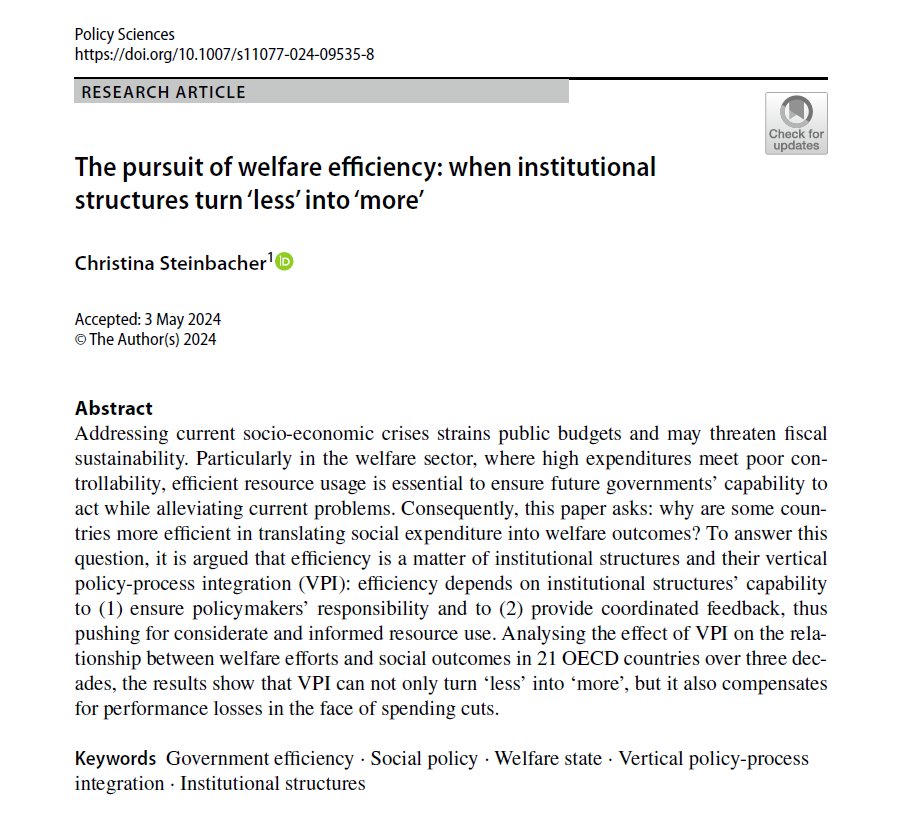 Excited to see my PhD paper on the #efficiency of #welfare states published in <a href="/PolicySciences/">Policy Sciences</a>. I show that vertical integration of policy design &amp; #implementation structures leads to more efficient results, especially in terms of savings opportunities. 👉 doi.org/10.1007/s11077…