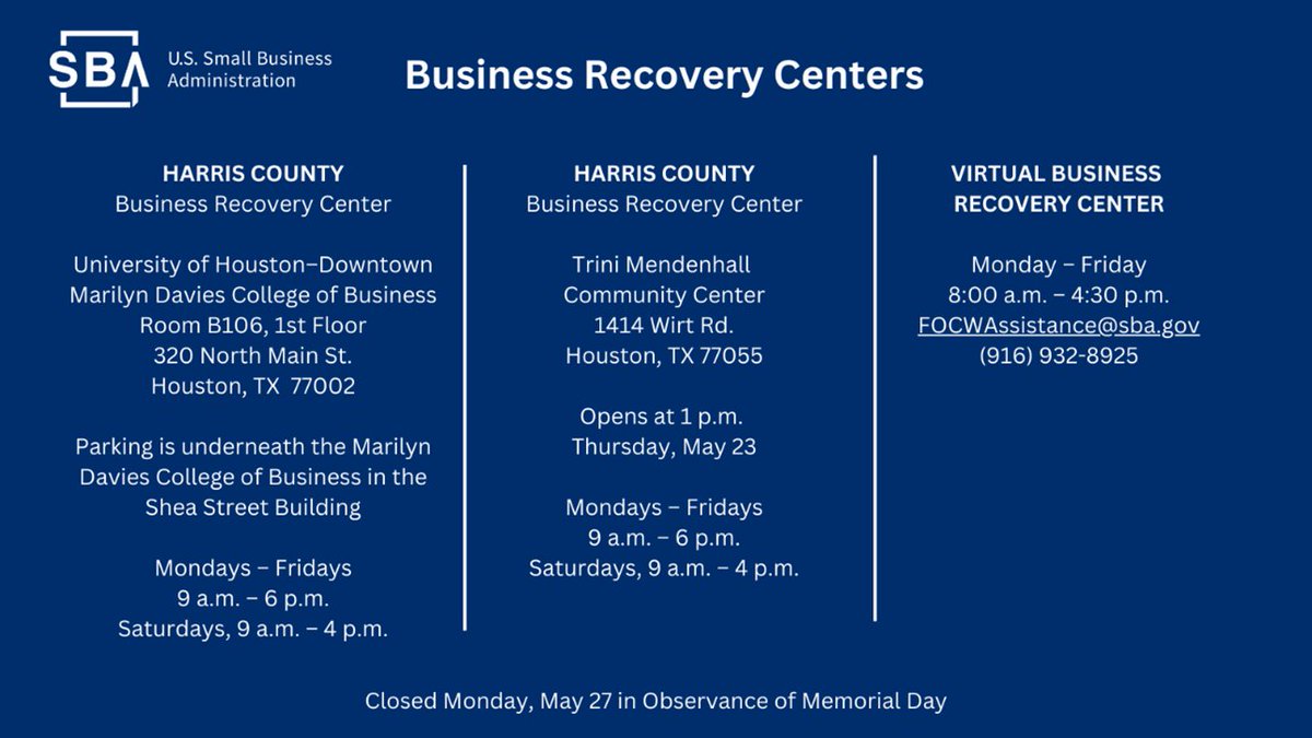 📢 @SBA_Houston customer service reps will be at the following centers to answer questions about SBA’s disaster loan program, explain the application process and help each individual complete their electronic loan application. No appointment necessary. ow.ly/MpB250RSZGb.