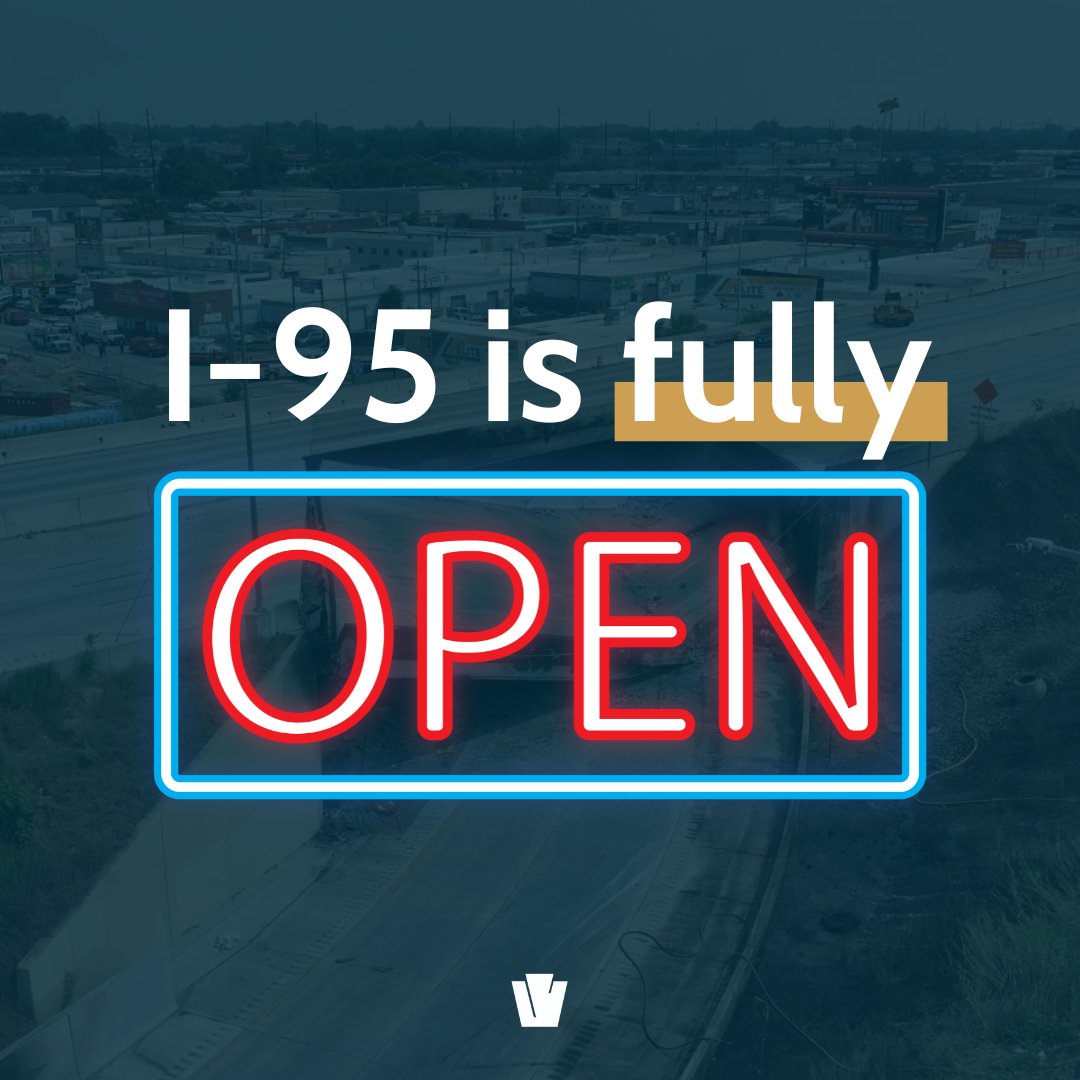 Thanks to the hard work and persistence of construction crews, collaboration across all levels of government, and a dedication to getting this project done, today I-95 is fully open and the North Philly bridge collapse is firmly behind us.